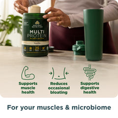 Ancient Nutrition Multi Protein powder scoop beside the jar for serving.