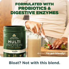 Ancient Nutrition vanilla shake in glass with smooth texture for sipping.