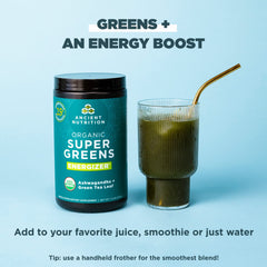 Ancient Nutrition Organic SuperGreens Energizer dissolving in water forms bright green drink