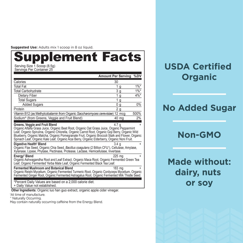 Ancient Nutrition Organic SuperGreens Energizer probiotic bottle closeup for gut-friendly support