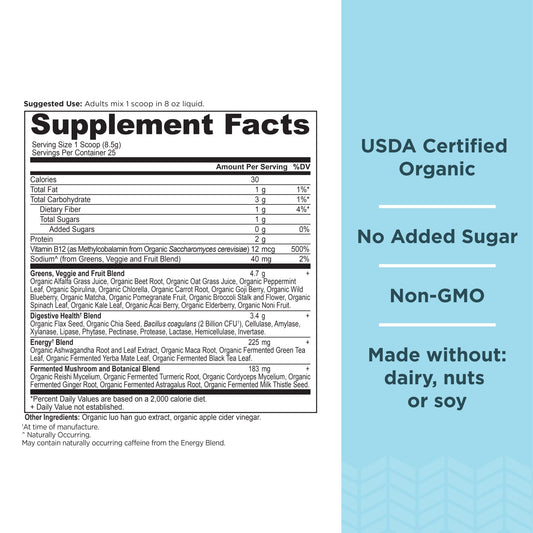 Ancient Nutrition Organic SuperGreens Energizer probiotic bottle closeup for gut-friendly support