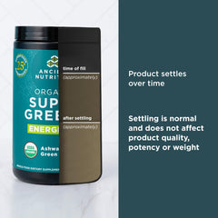 Ancient Nutrition Organic SuperGreens Energizer in a smoothie glass for an energizing start