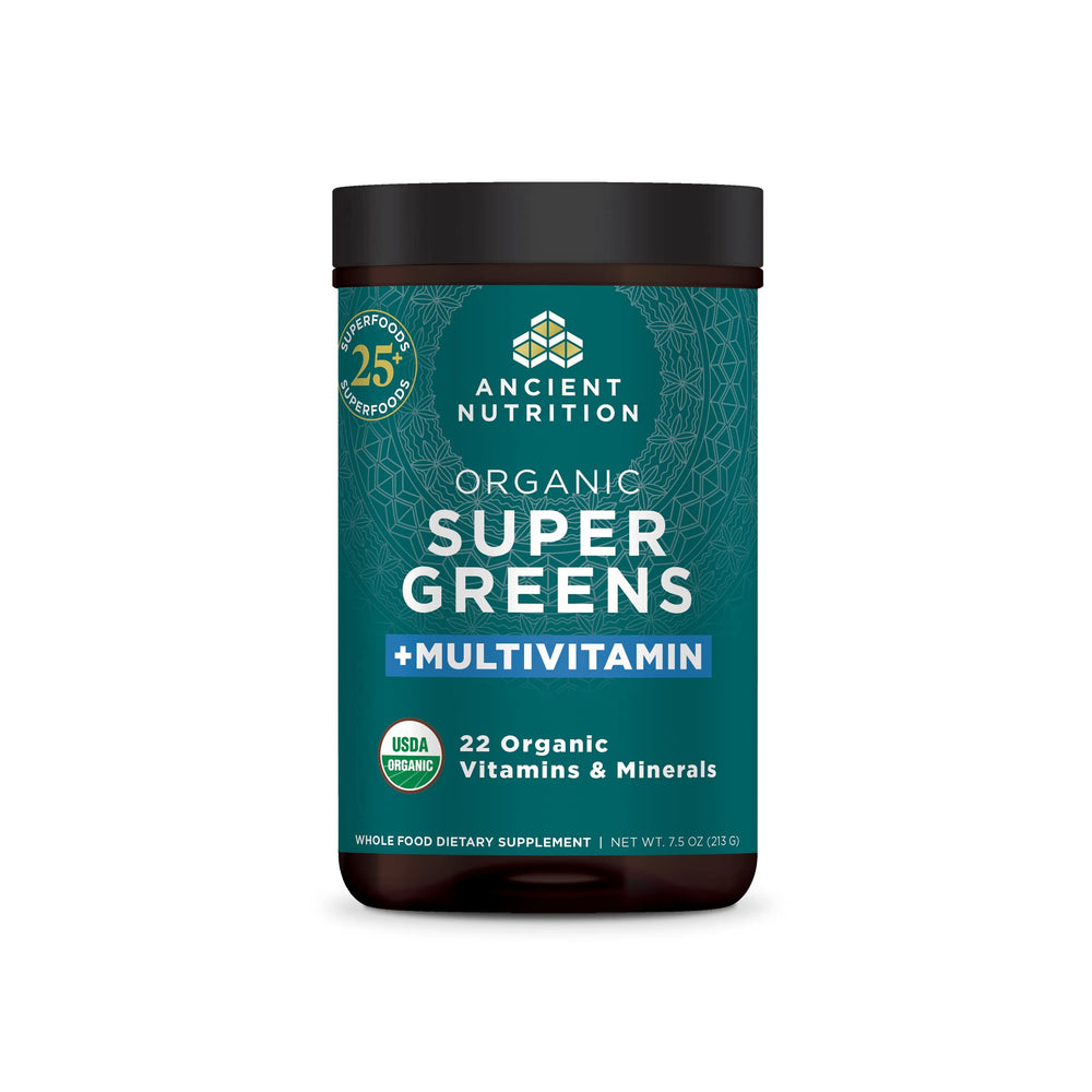 Ancient Nutrition SuperGreens bottle front view highlighting organic greens for vitality.