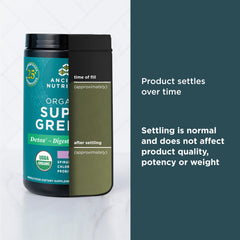 Close-up of organic watermelon flavor label on SuperGreens container.