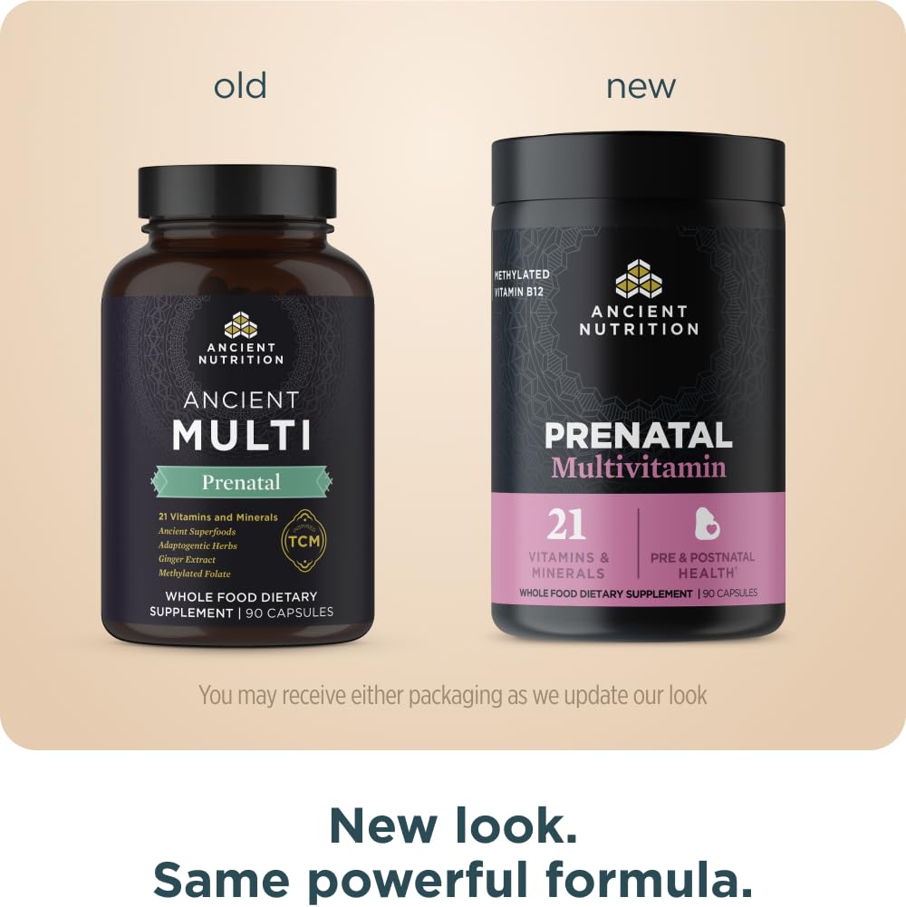 Ancient Nutrition Prenatal TCM blend with ginger visual for tummy comfort potential.