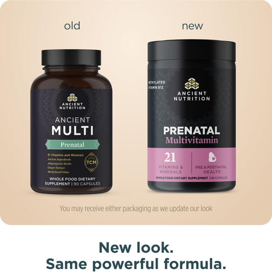 Ancient Nutrition Prenatal TCM blend with ginger visual for tummy comfort potential.