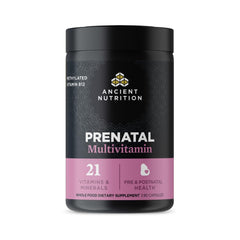 Ancient Nutrition Prenatal vitamins bottle with daily capsules for pregnancy support.