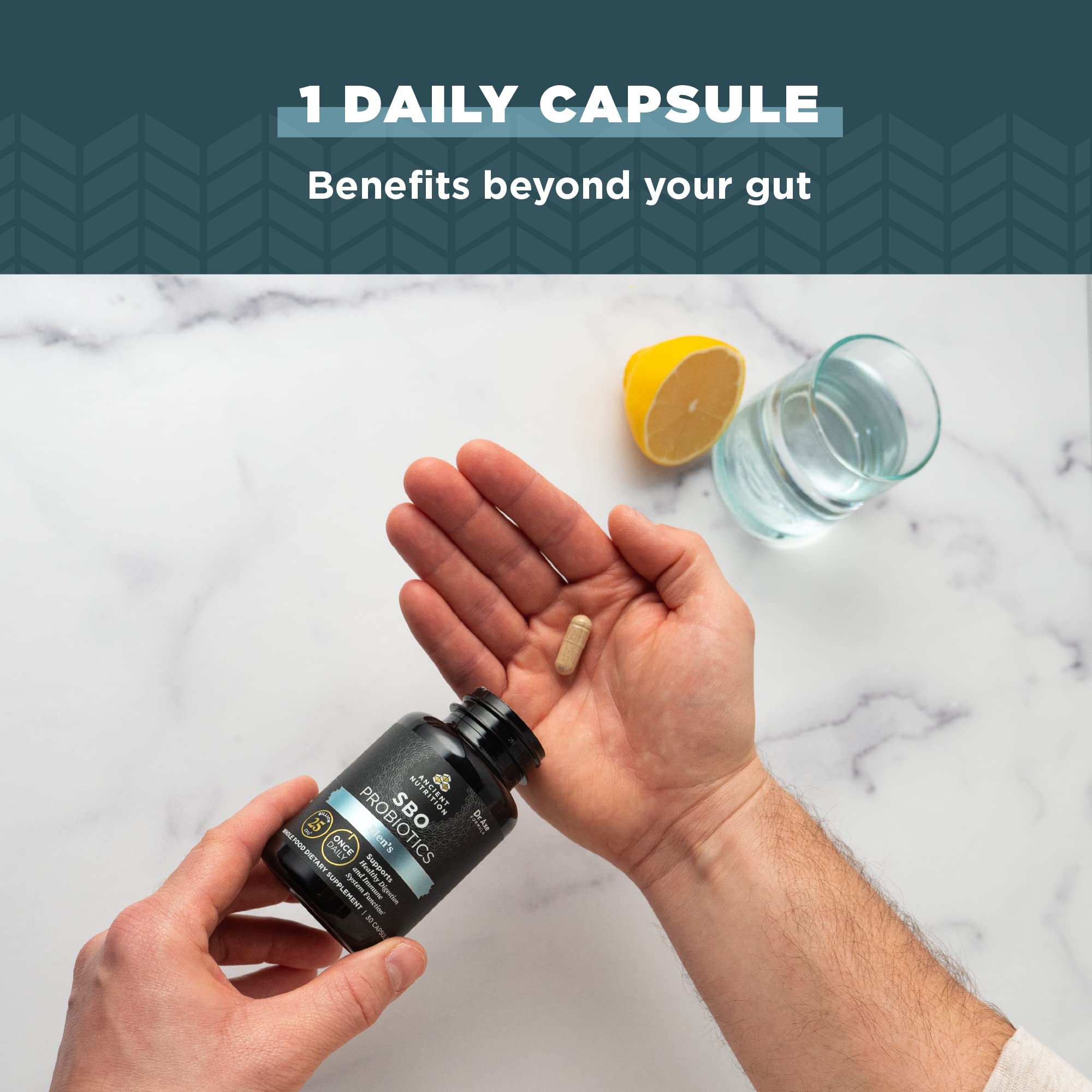 Ancient Nutrition Probiotics for Men daily use image emphasizes one capsule per day.