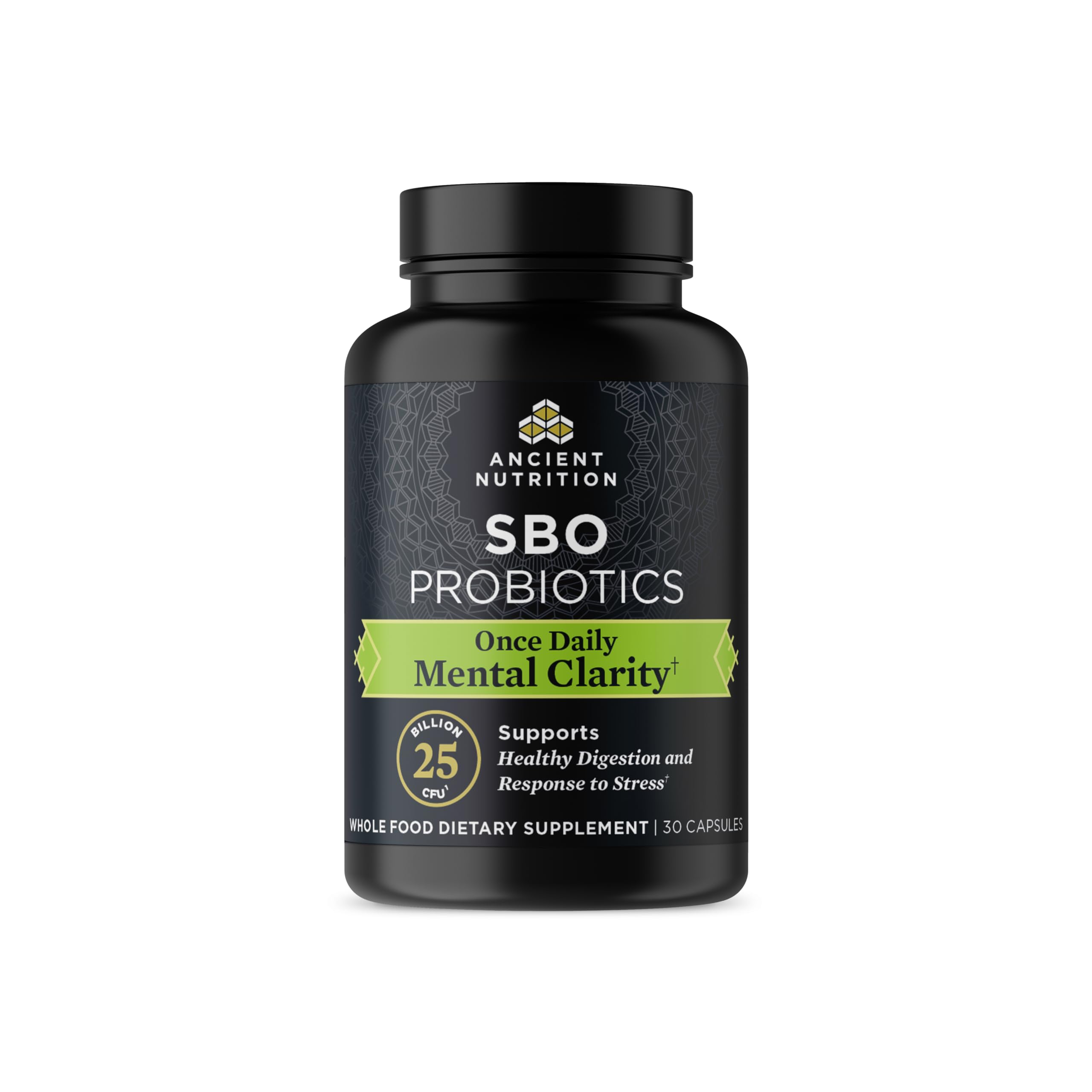 Ancient Nutrition Probiotics for Mental Clarity bottle shown on a desk, promoting daily focus
