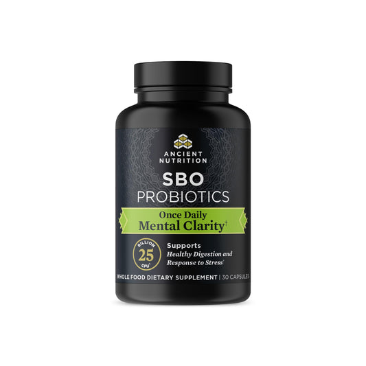 Ancient Nutrition Probiotics for Mental Clarity bottle shown on a desk, promoting daily focus