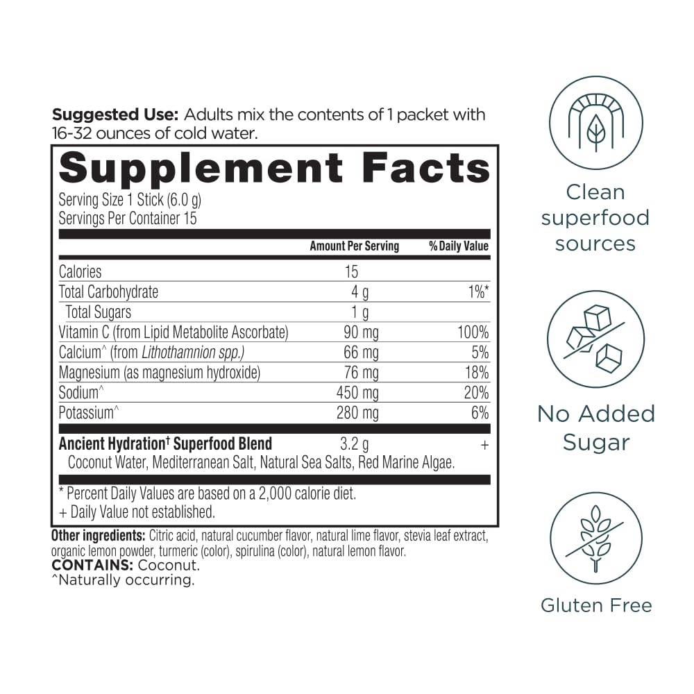 Ancient Nutrition Rapid Hydration Stick Pack lemon lime supports on-the-go hydration.