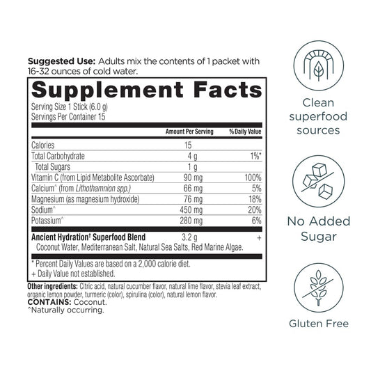 Ancient Nutrition Rapid Hydration Stick Pack lemon lime supports on-the-go hydration.