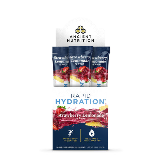 Ancient Nutrition Rapid Hydration stick pack in strawberry lemonade for on-the-go hydration.