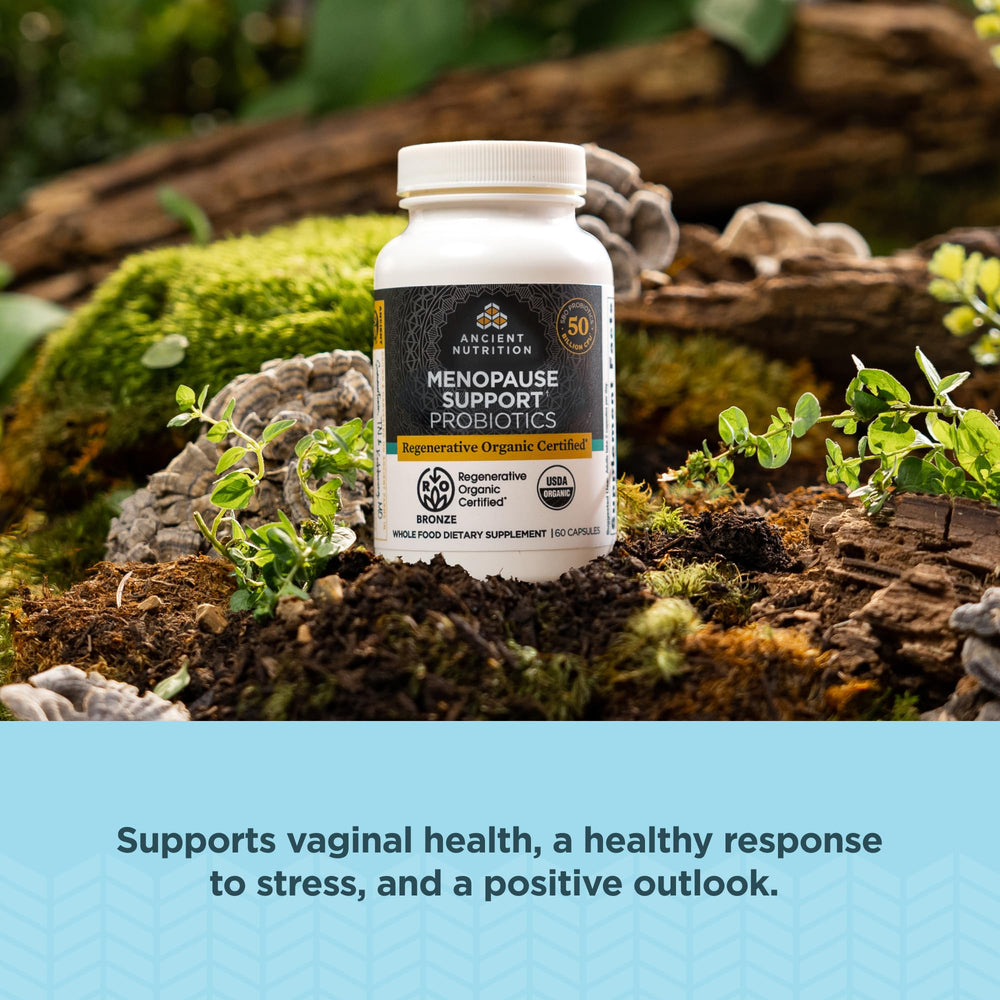 Ancient Nutrition regenerative organic farms image emphasizes sustainable sourcing and soil health.
