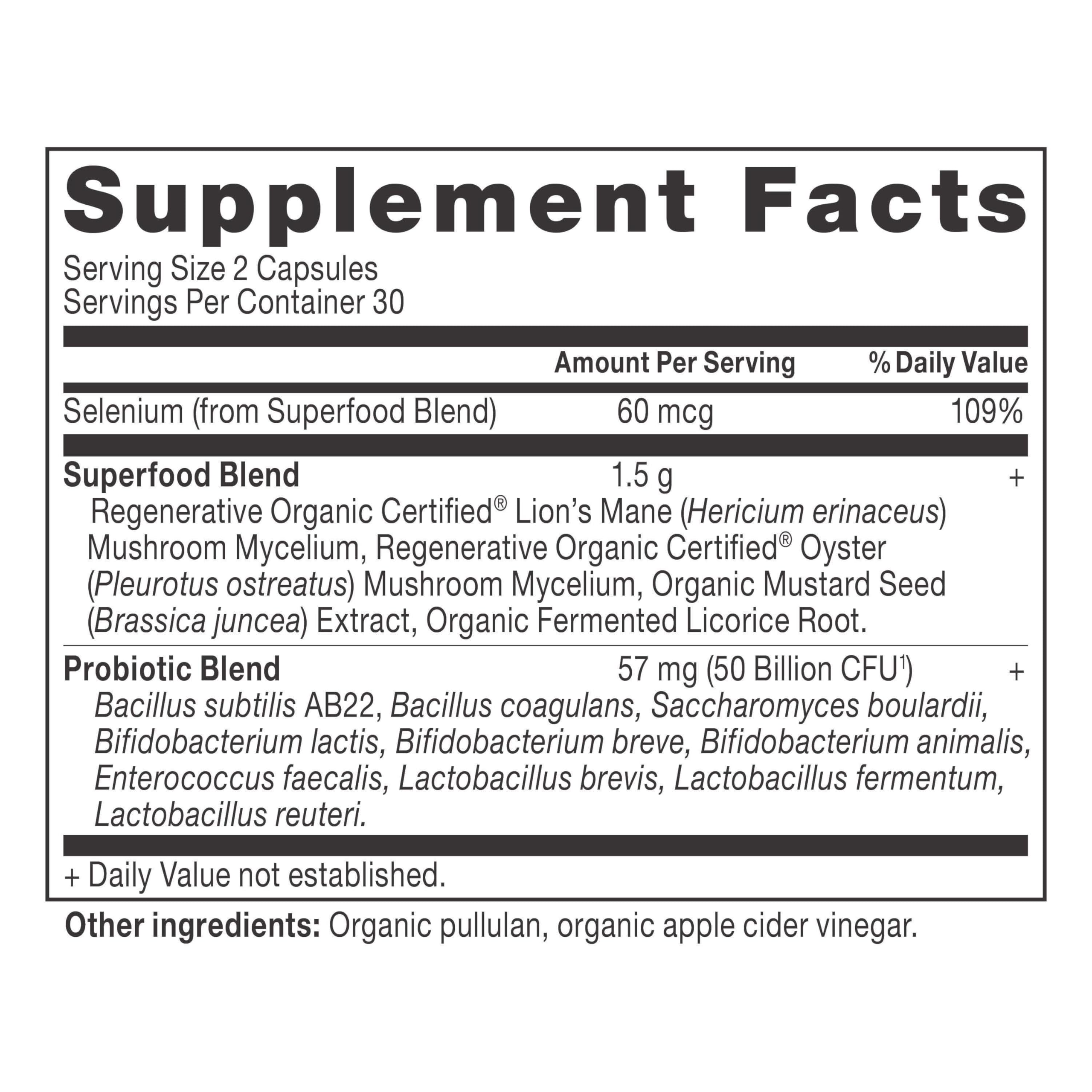 Ancient Nutrition Regenerative Organic Probiotics bottle back shows ingredients for daily gut support.
