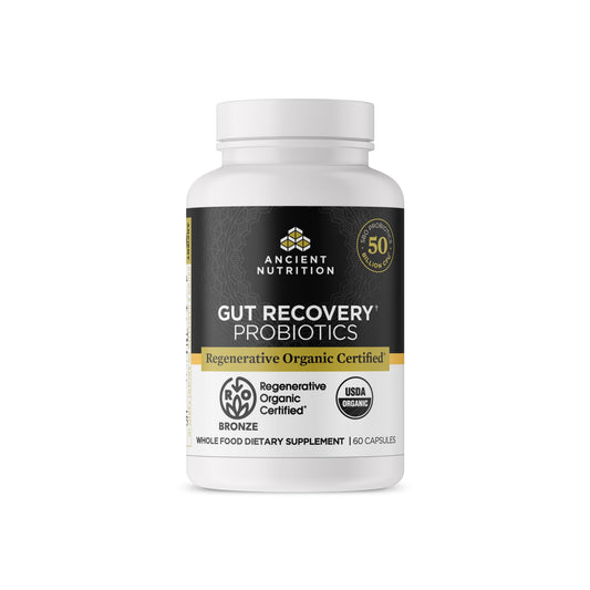 Ancient Nutrition Regenerative Organic Probiotics bottle front promotes gut support.