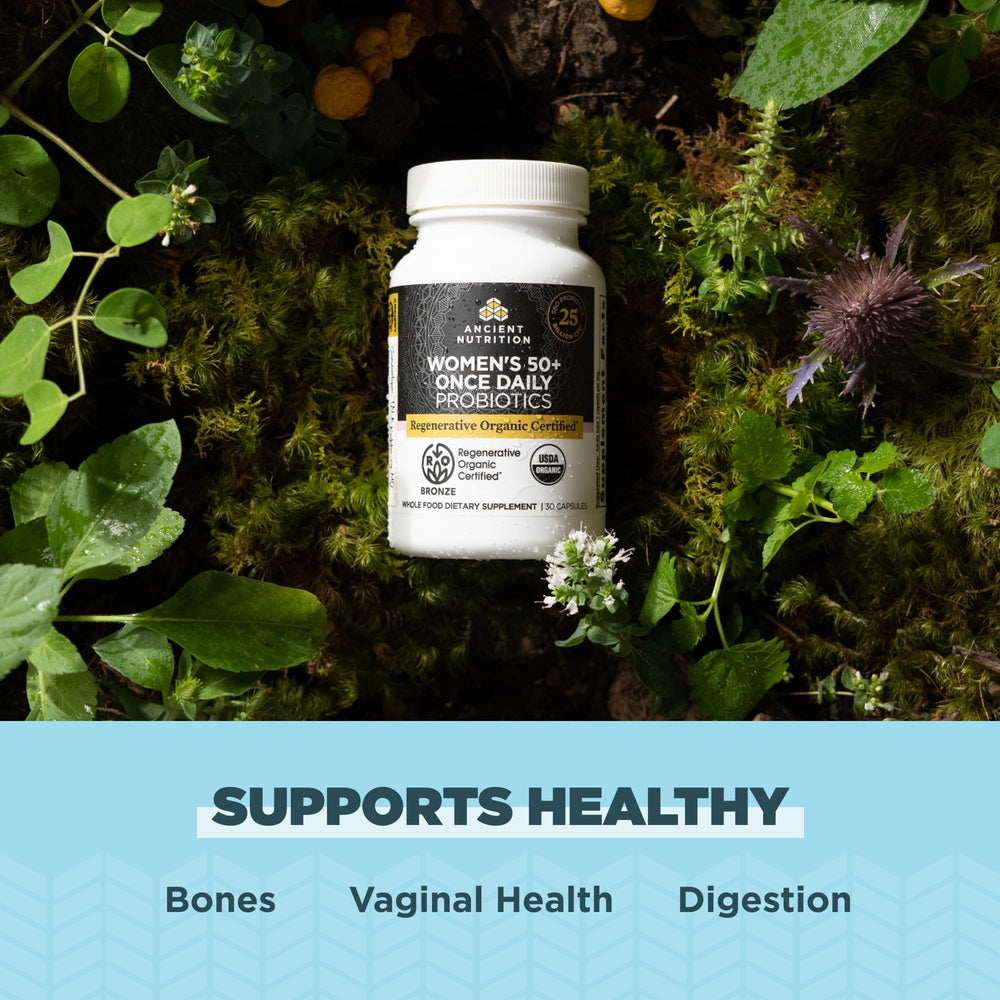 Ancient Nutrition Probiotics 50+ label detail highlighting organic certification.