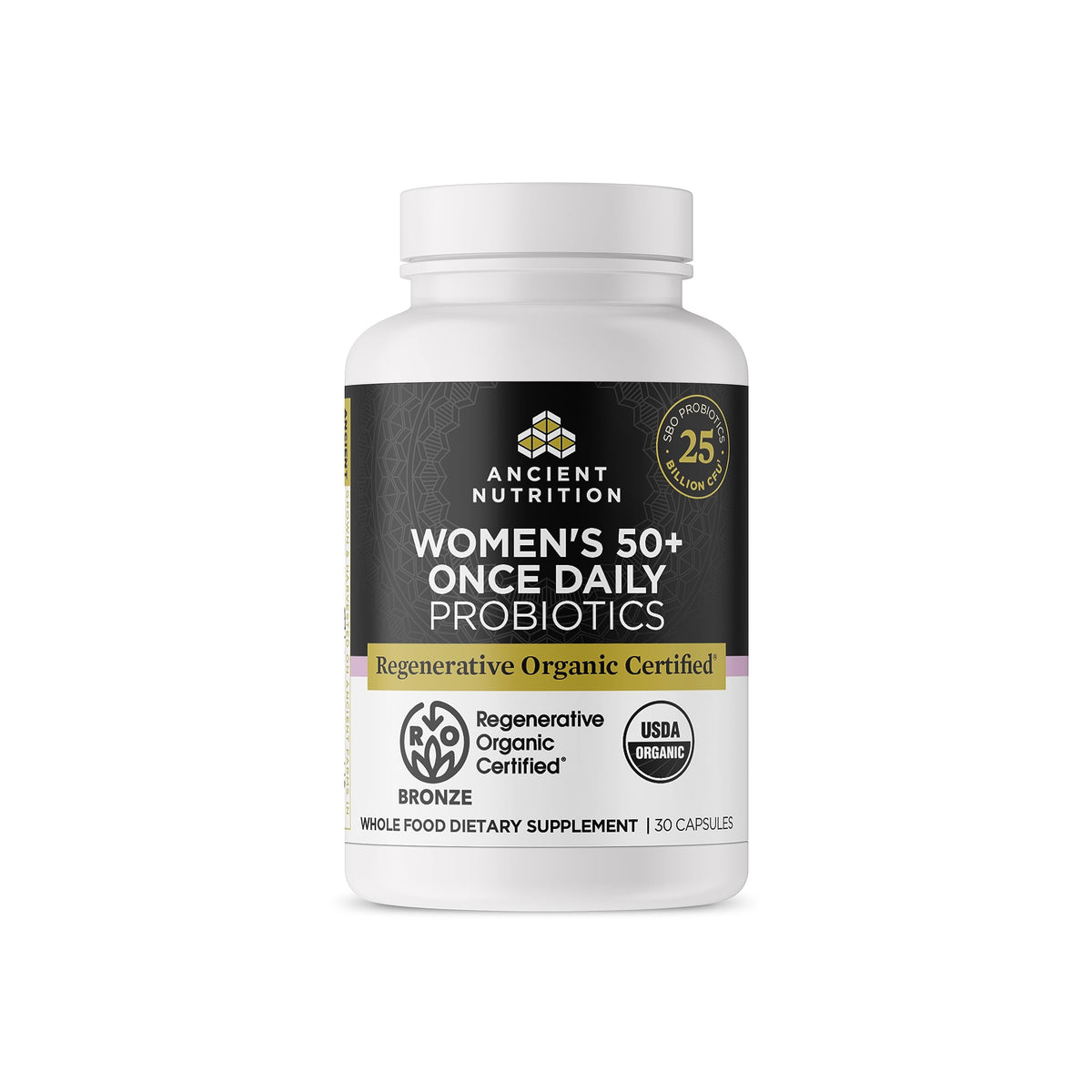 Ancient Nutrition Regenerative Organic Probiotics 50+ bottle supporting daily gut balance.