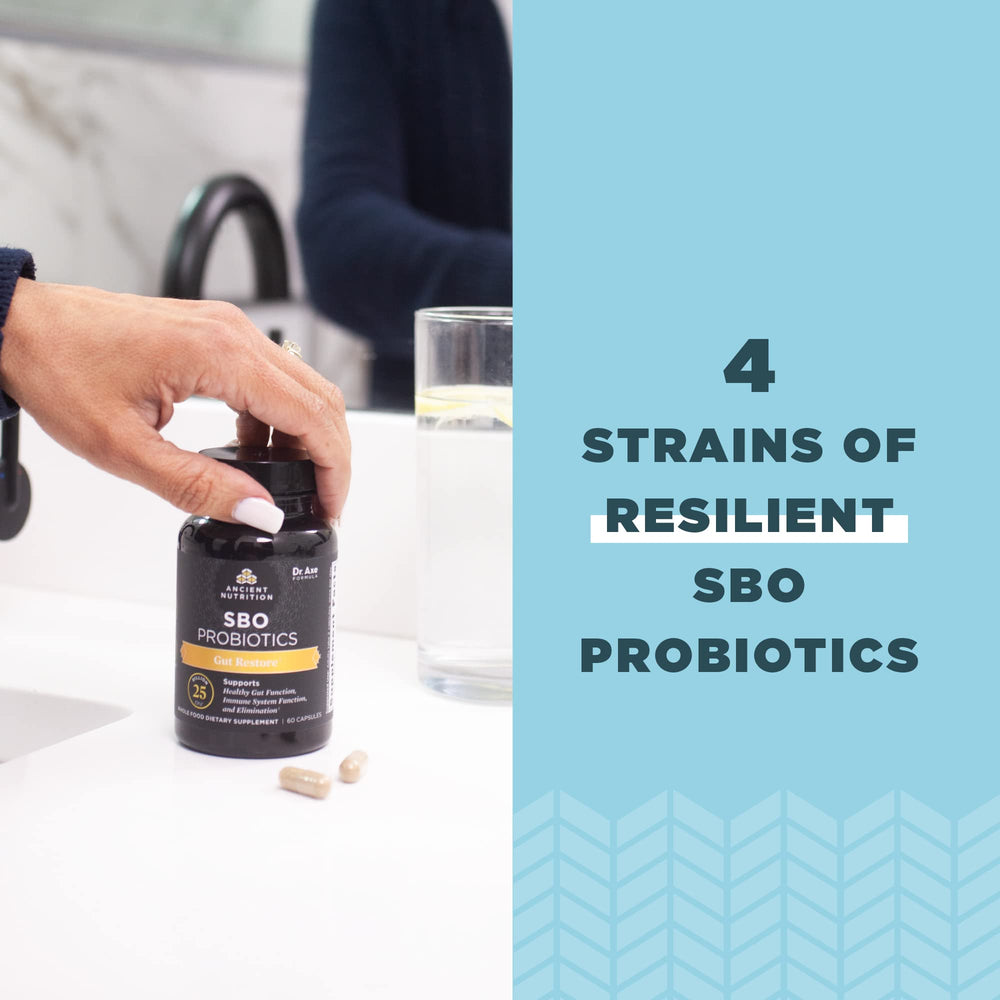 SBO Gut Restore bottle on shelf highlighting gluten-free formula.