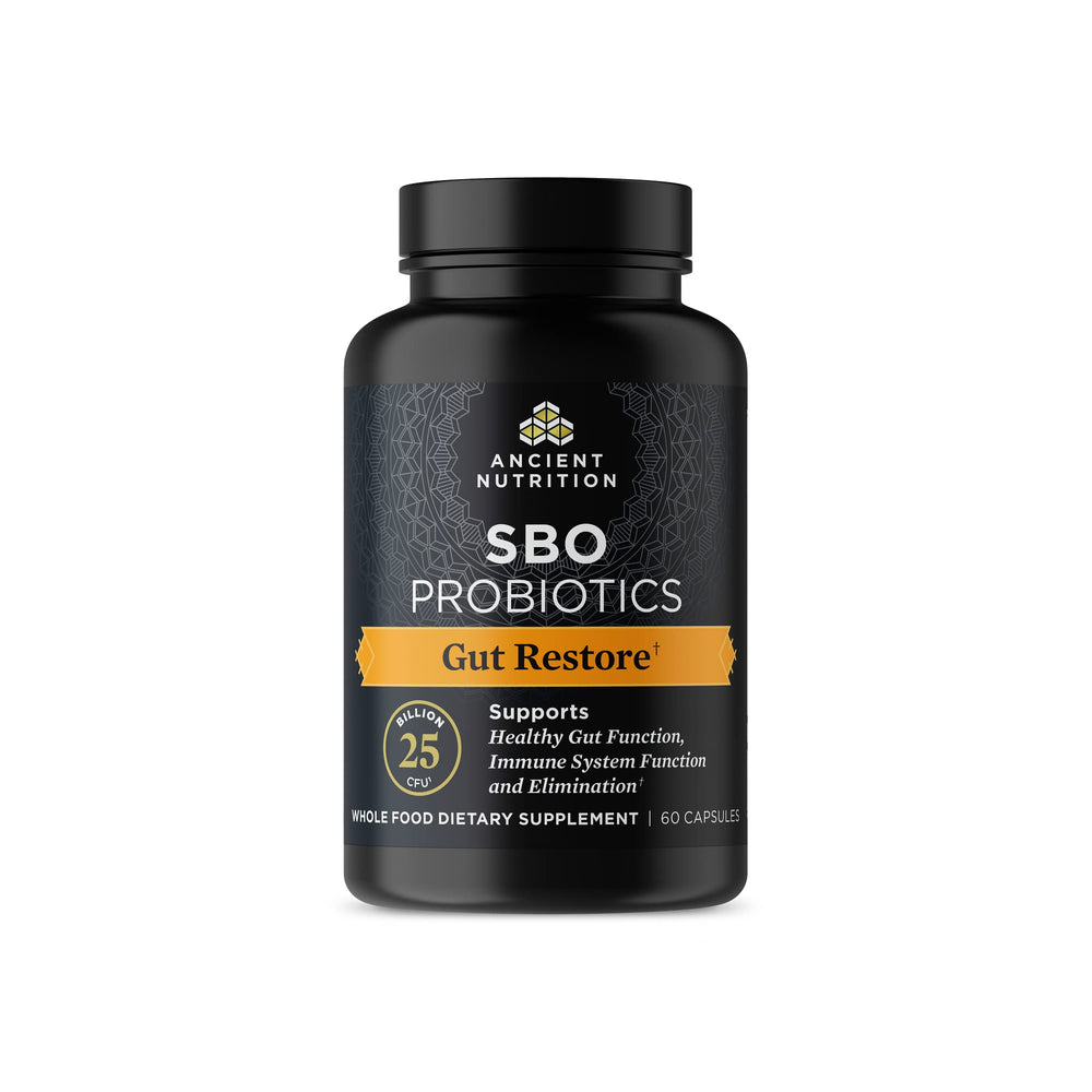 Ancient Nutrition SBO Gut Restore tub showing probiotic gut health support.