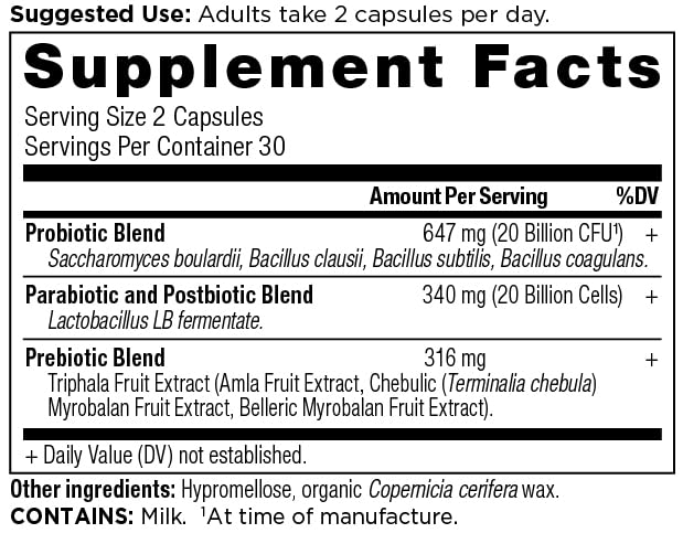 Ancient Nutrition SBO Probiotic Trinity bottle back view shows dosage and 40B CFU blend