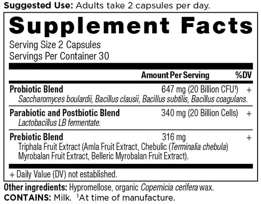 Ancient Nutrition SBO Probiotic Trinity bottle back view shows dosage and 40B CFU blend