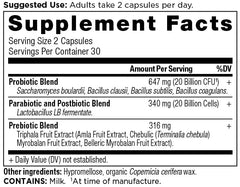 Ancient Nutrition SBO Probiotic Trinity bottle back view shows dosage and 40B CFU blend