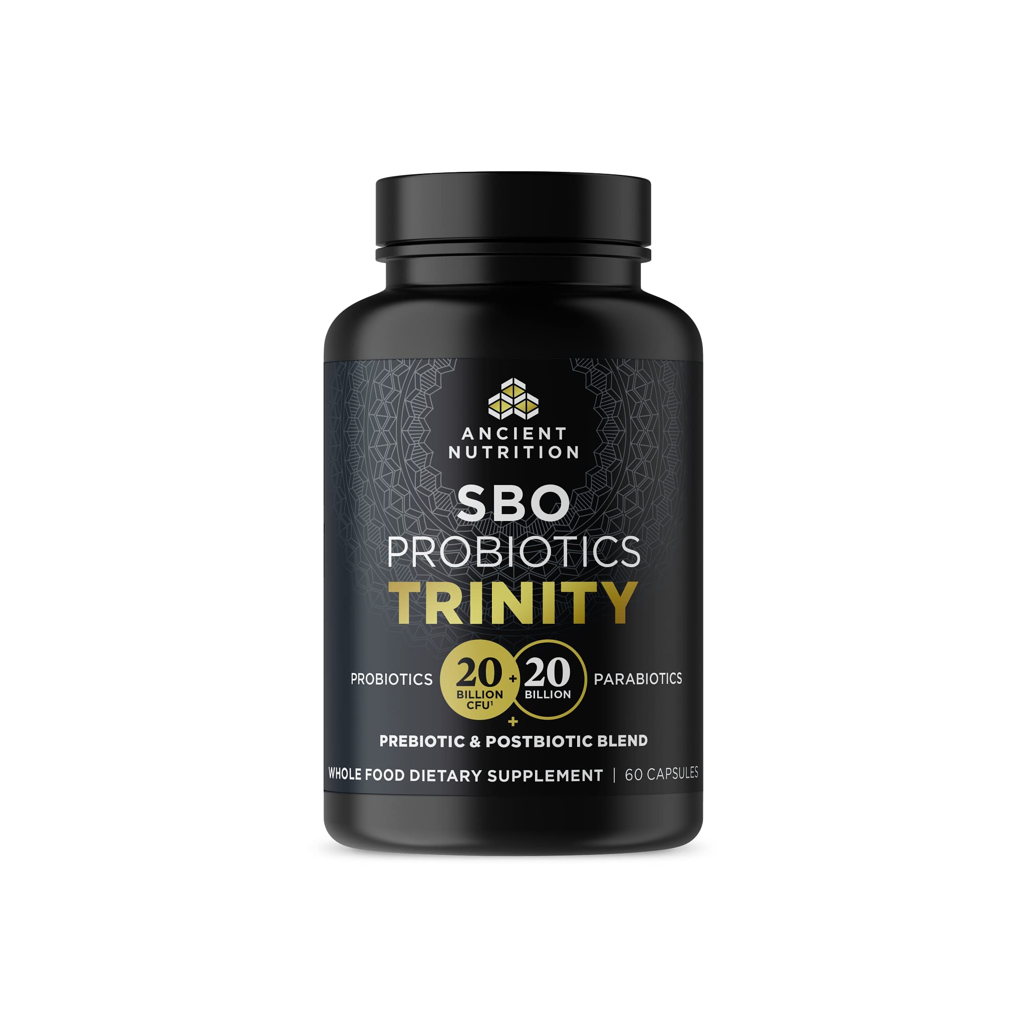 Ancient Nutrition SBO Probiotic Trinity bottle front view supports daily digestive balance