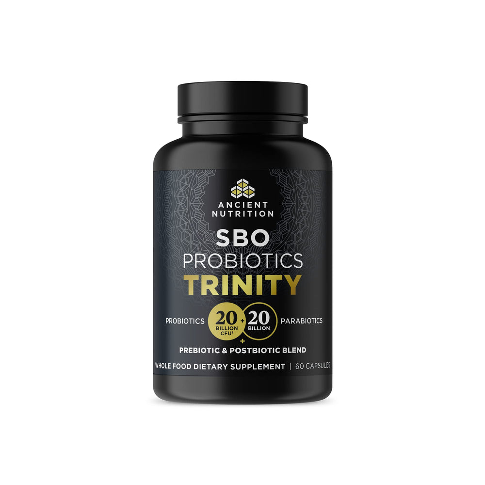 Ancient Nutrition SBO Probiotic Trinity bottle front view supports daily digestive balance