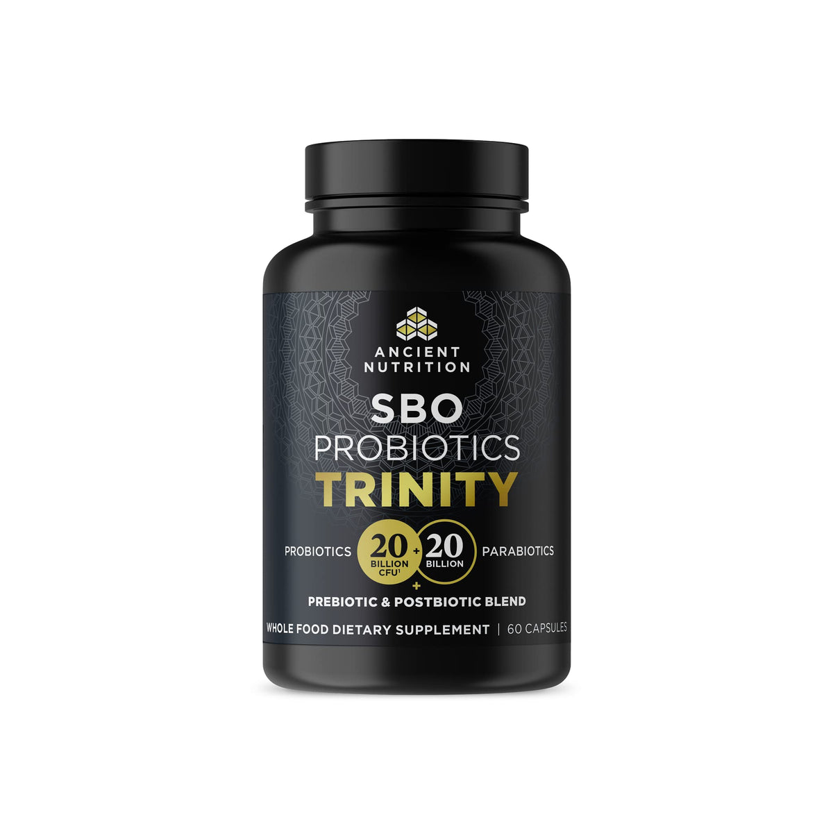 Ancient Nutrition SBO Probiotic Trinity bottle front view supports daily digestive balance