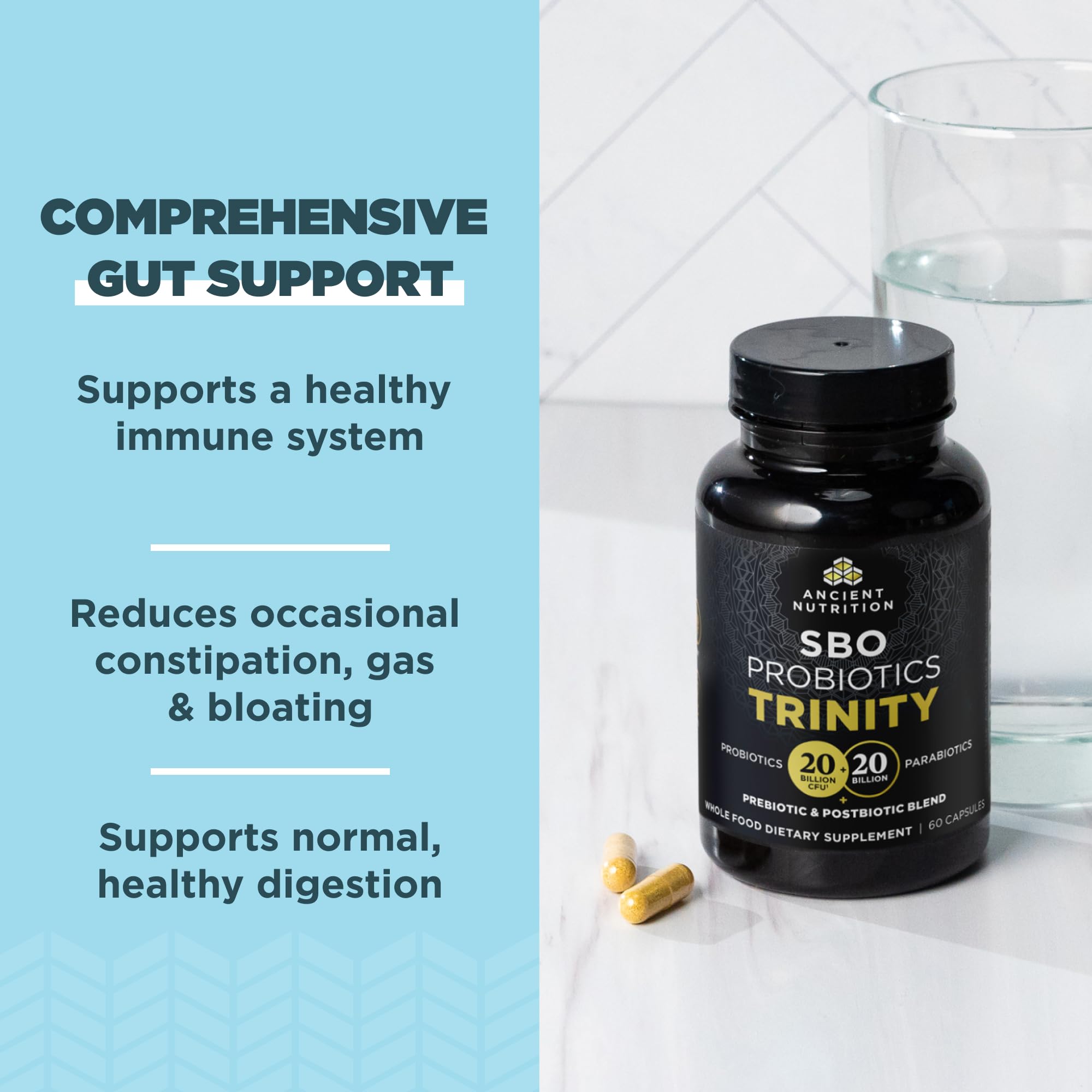 Ancient Nutrition SBO Probiotic Trinity capsules closeup for easy, everyday use