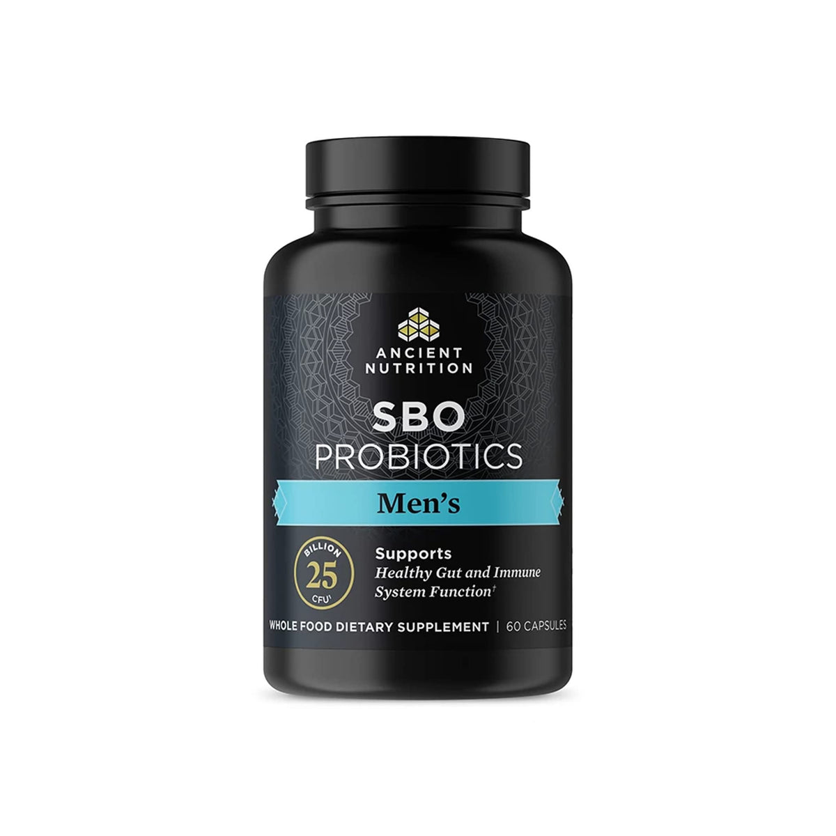 Ancient Nutrition SBO Probiotics Men bottle front showing 60 capsules for daily support.