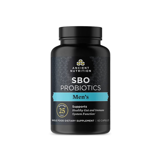 Ancient Nutrition SBO Probiotics Men bottle front showing 60 capsules for daily support.