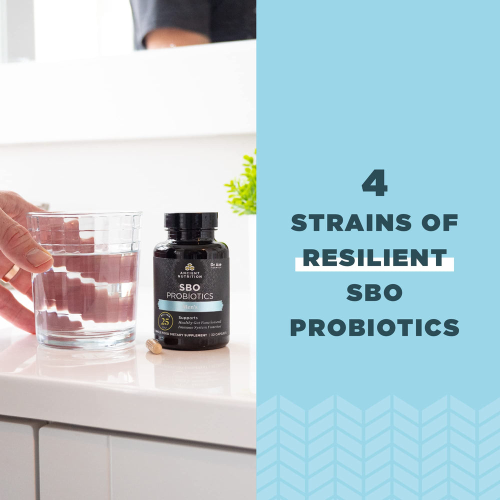 Ancient Nutrition SBO Probiotics Men digestive support capsule arrangement demonstrating ease of use.