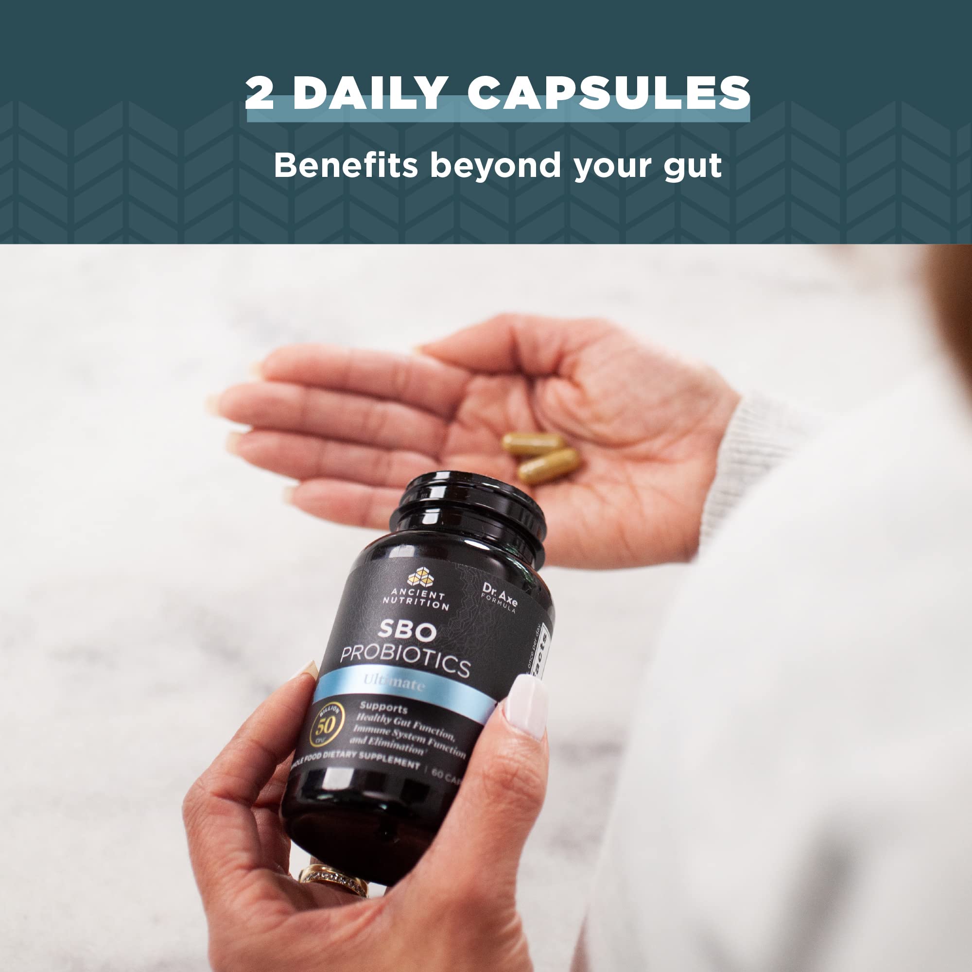 Ancient Nutrition SBO Probiotics Ultimate capsules pouring from bottle