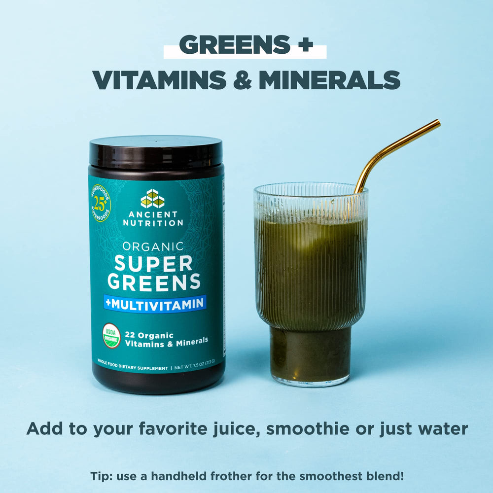Ancient Nutrition smoothie with dissolved powder for on-the-go energy.
