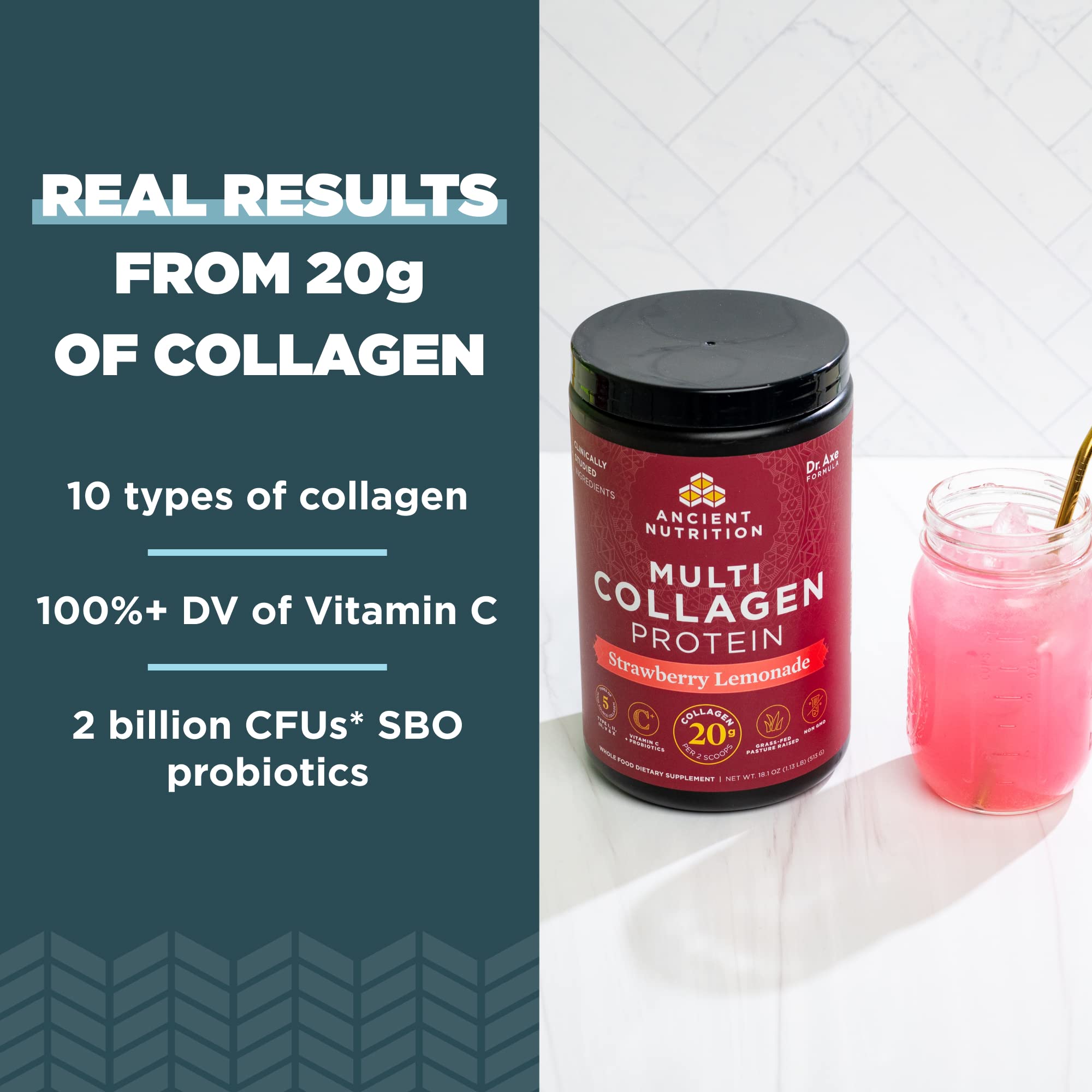 Ancient Nutrition strawberry lemonade collagen shake ready to enjoy.