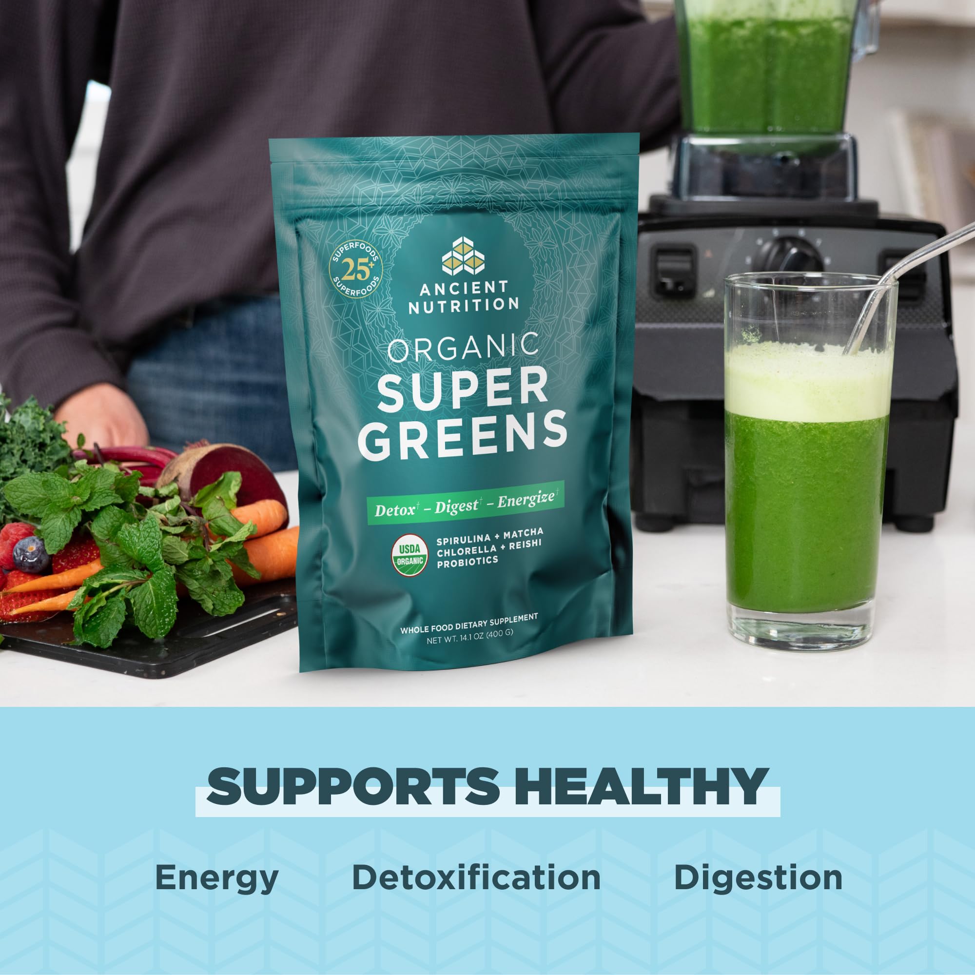 Ancient Nutrition Super Greens digestive enzymes label highlight.