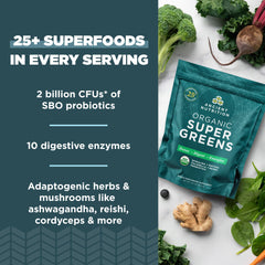 Ancient Nutrition Super Greens matcha powder close-up for natural energy.