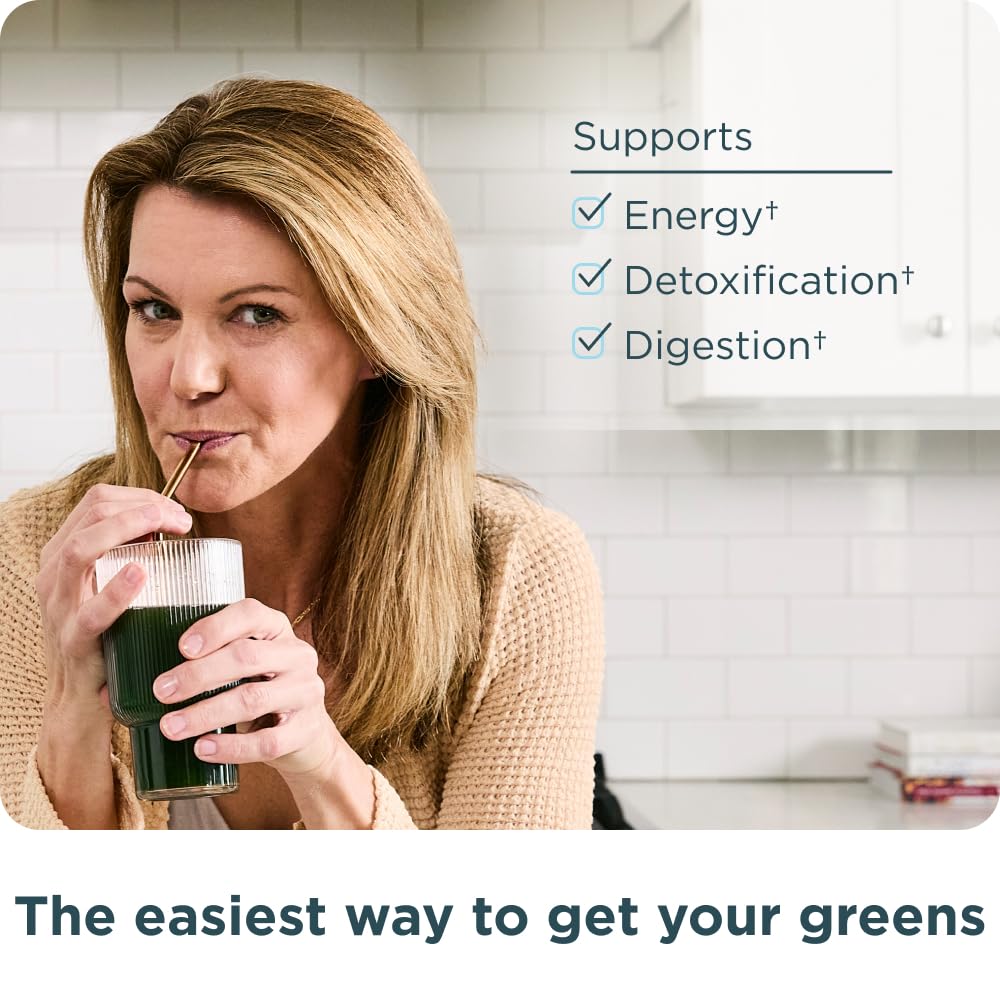 Ancient Nutrition Super Greens packaging on a kitchen counter for daily nutrition.
