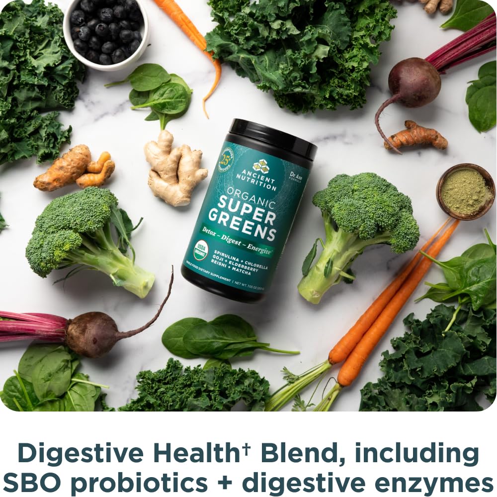 Ancient Nutrition Super Greens prepared drink in a glass for quick wellness boost.
