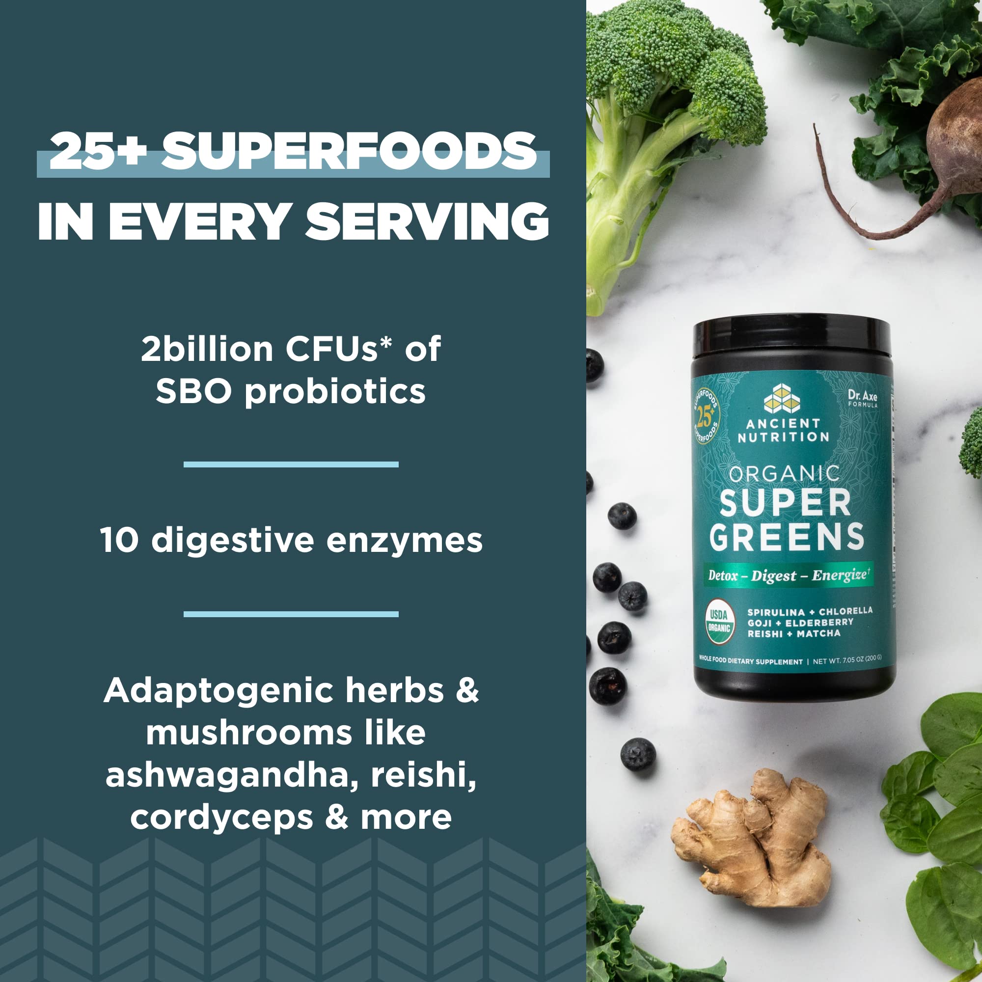 Ancient Nutrition Super Greens blend with spirulina and chlorella close-up.