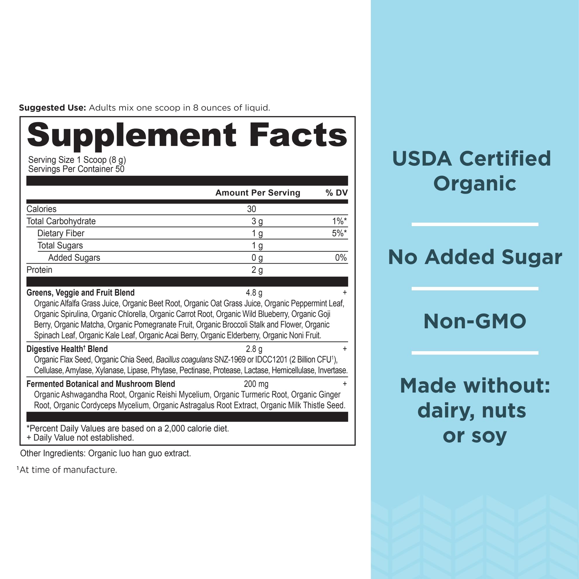 Ancient Nutrition Super Greens spirulina and chlorella blend detail.