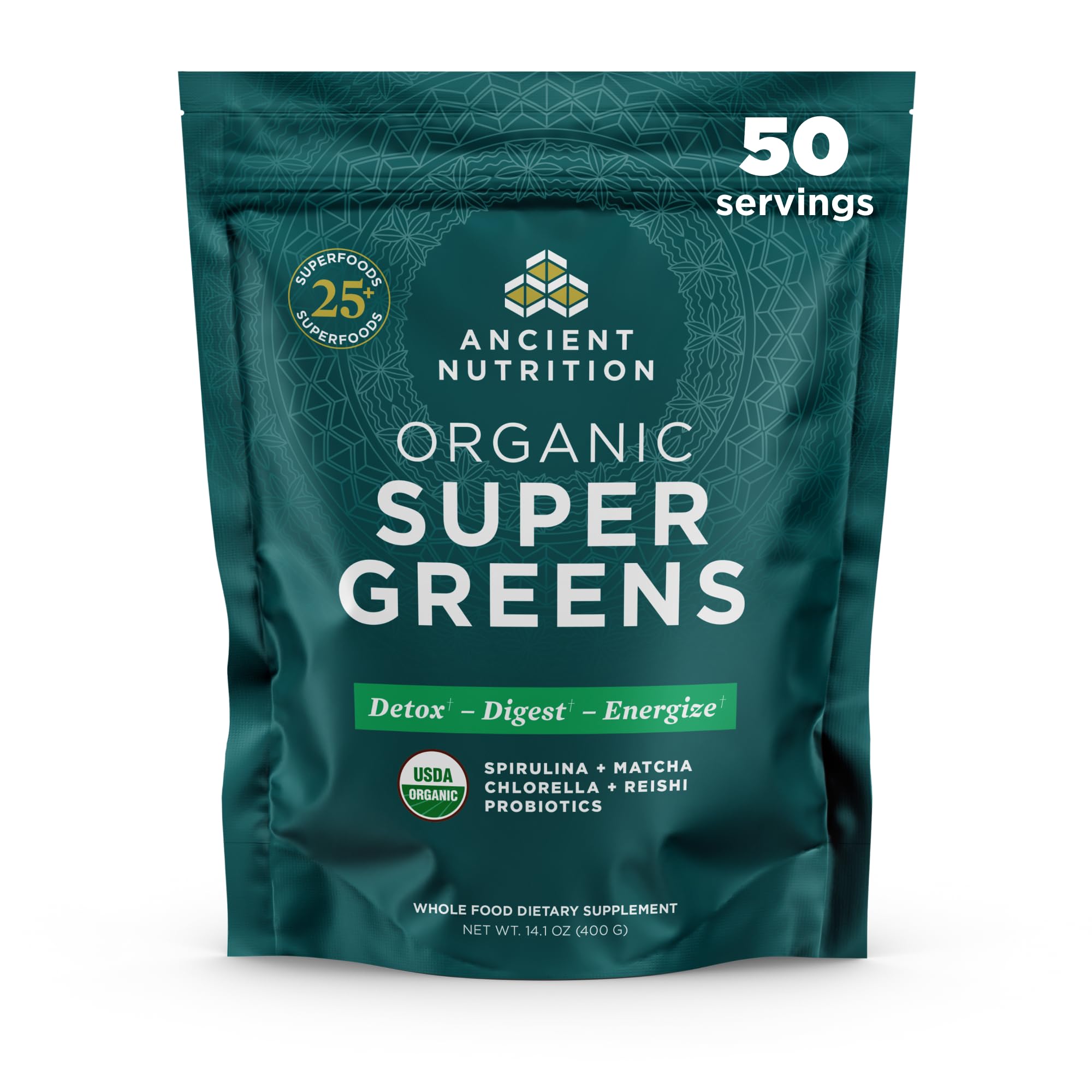 Ancient Nutrition Super Greens tub front with organic greens blend.