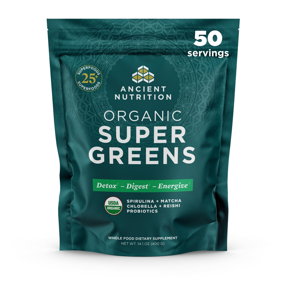 Ancient Nutrition Super Greens tub front with organic greens blend.