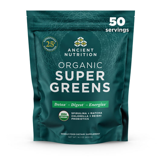 Ancient Nutrition Super Greens tub front with organic greens blend.
