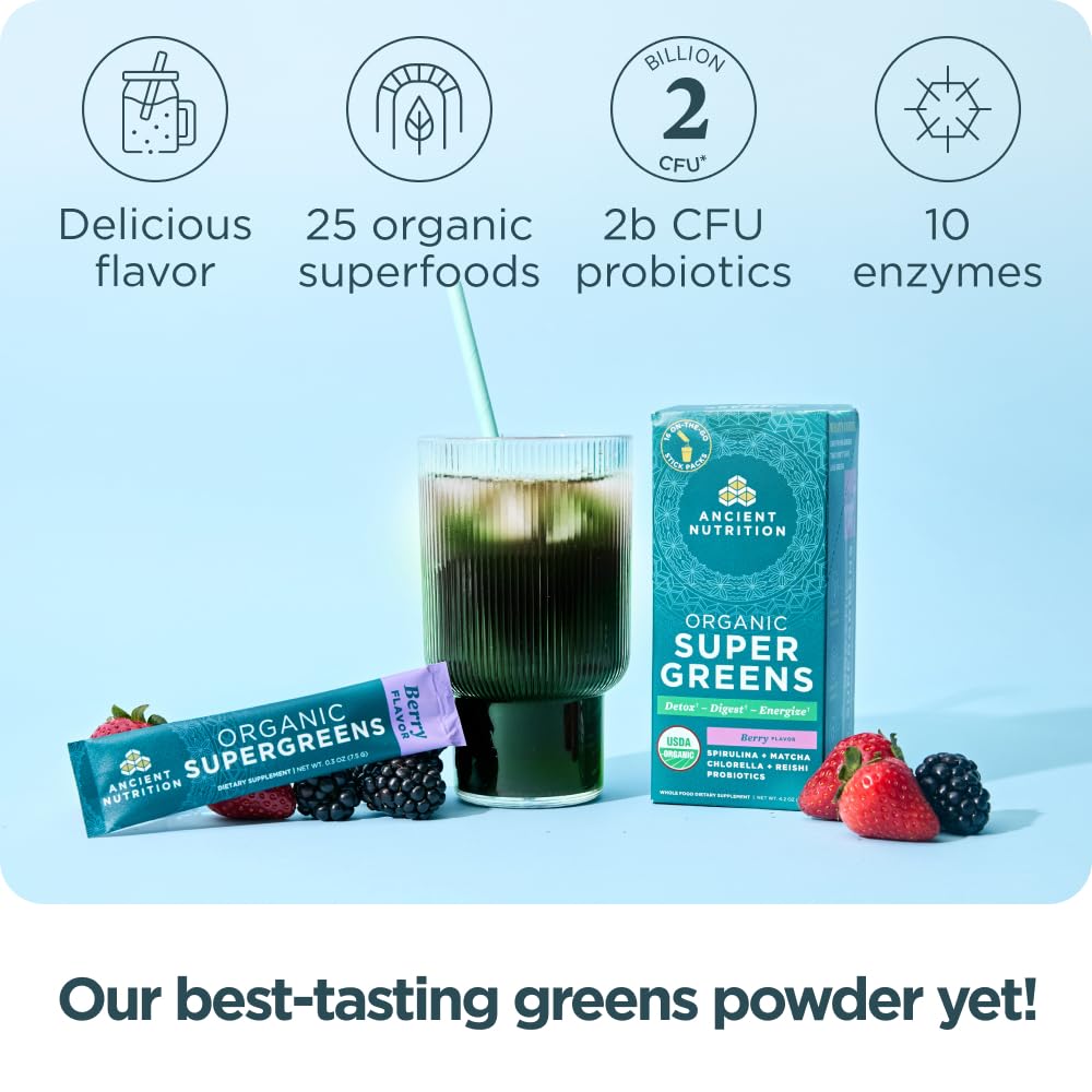 Ancient Nutrition SuperGreens berries close-up, featuring antioxidant-rich fruits and greens.