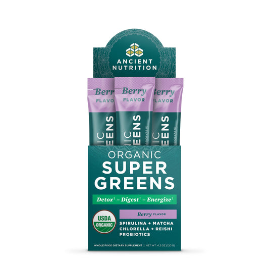 Ancient Nutrition SuperGreens berry flavor bottle for easy daily greens boost.