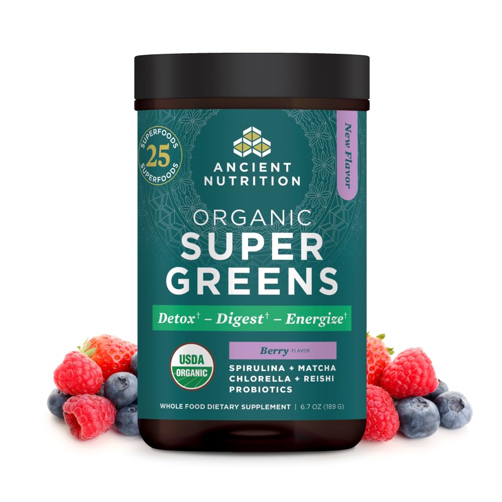Ancient Nutrition SuperGreens bottle with berry flavor supporting daily energy.