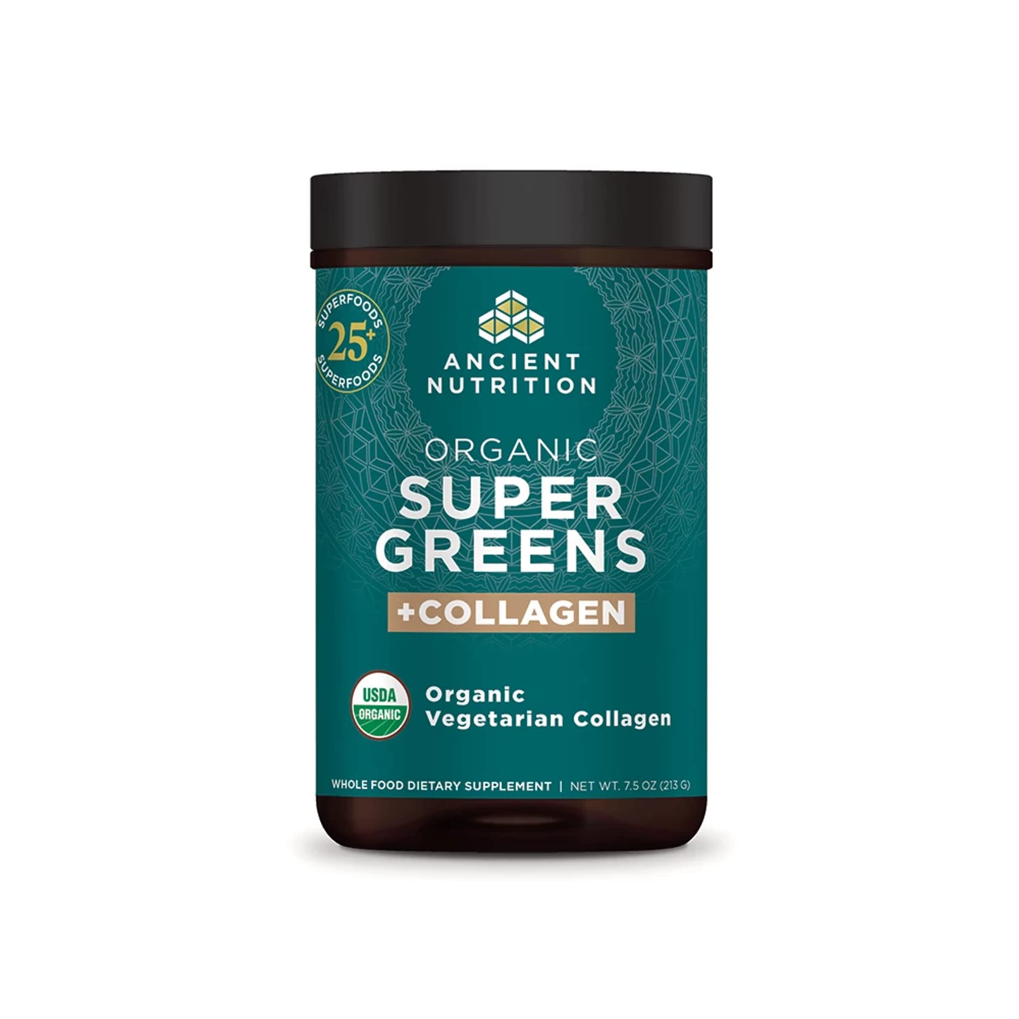 Ancient Nutrition Supergreens bottle pour illustrating convenient daily greens support.